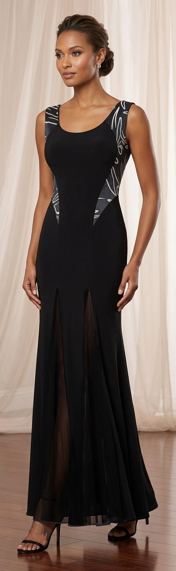 1032 Abito in jersey elastico con geroglifici argento e 2 spacchi in tulle