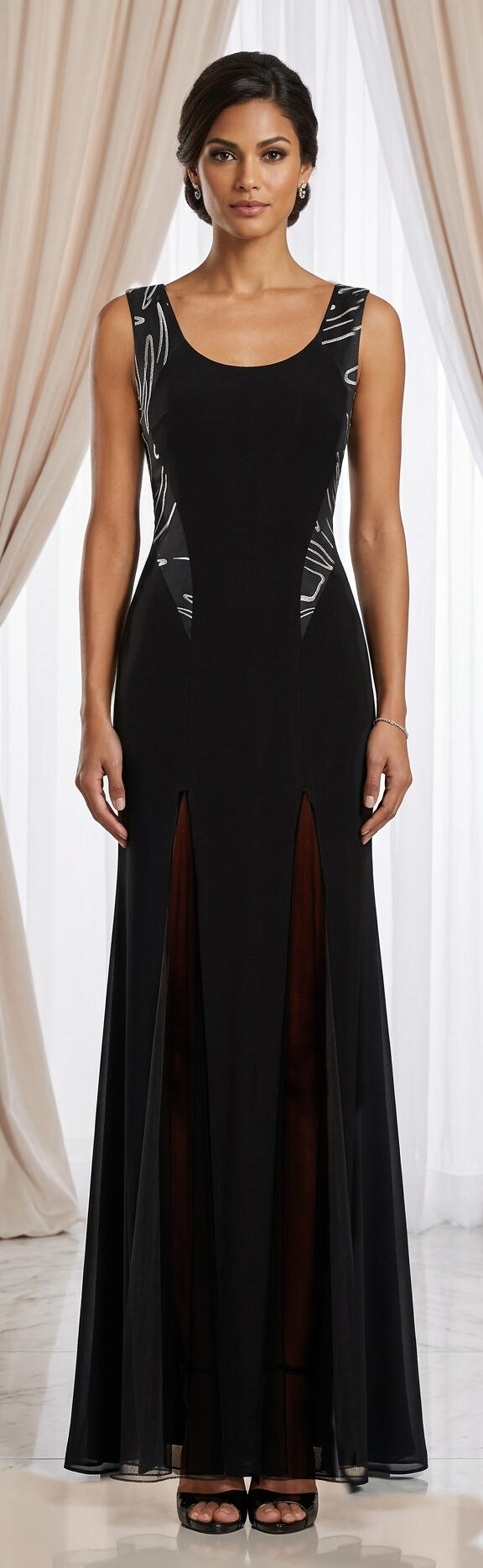 1032 Abito in jersey elastico con geroglifici argento e 2 spacchi in tulle