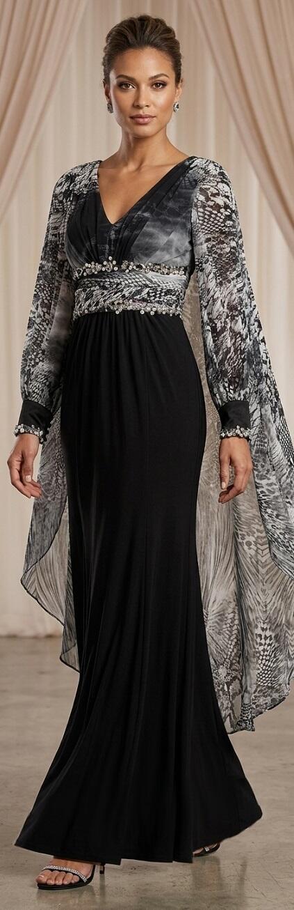 1034 Abito lungo in jersey foderato e chiffon animalier con manichette e dettagli in strass e pietrine