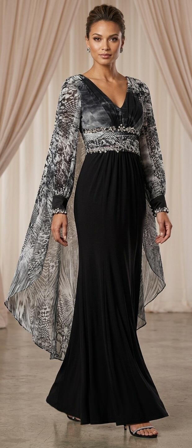 1034 Abito lungo in jersey foderato e chiffon animalier con manichette e dettagli in strass e pietrine