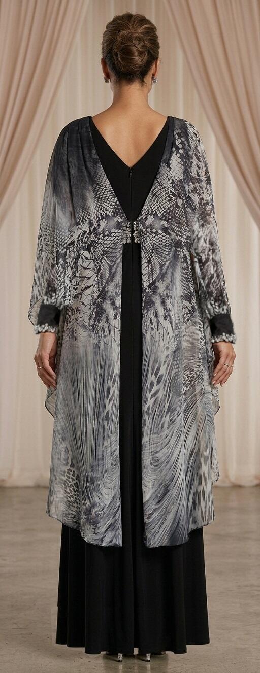 1034 Abito lungo in jersey foderato e chiffon animalier con manichette e dettagli in strass e pietrine