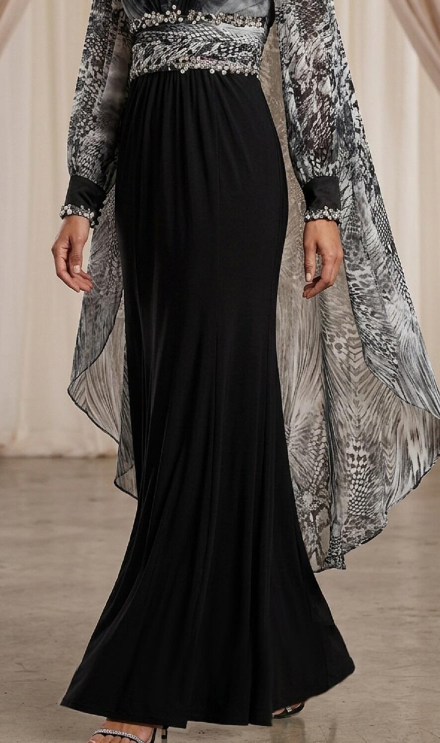 1034 Abito lungo in jersey foderato e chiffon animalier con manichette e dettagli in strass e pietrine