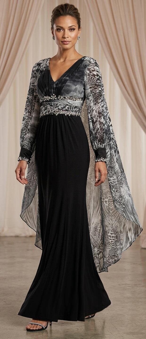 1034 Abito lungo in jersey foderato e chiffon animalier con manichette e dettagli in strass e pietrine