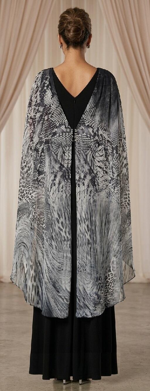1034 Abito lungo in jersey foderato e chiffon animalier con manichette e dettagli in strass e pietrine