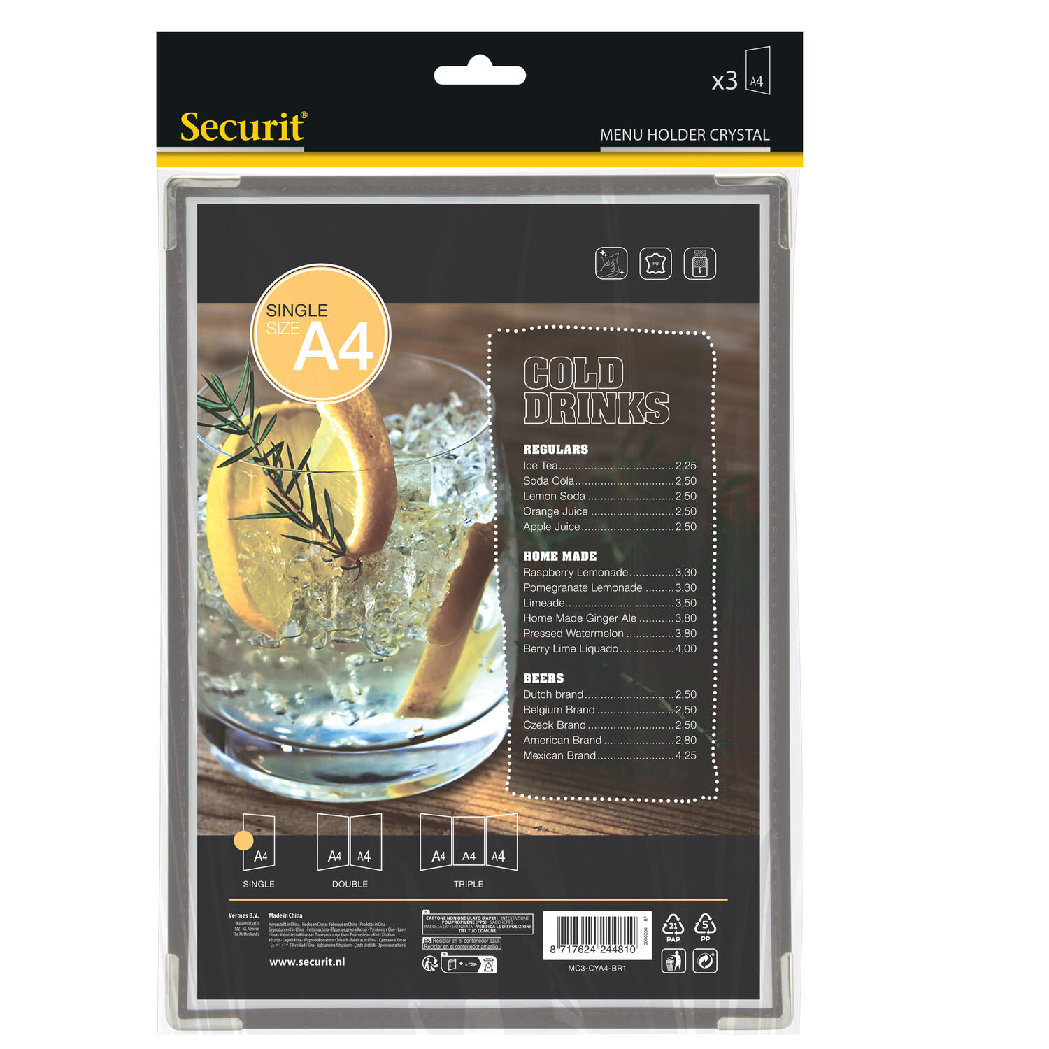 Porta Menu' A4 CRYSTAL Trasparente Rinforzato SECURIT - conf. 3 pz