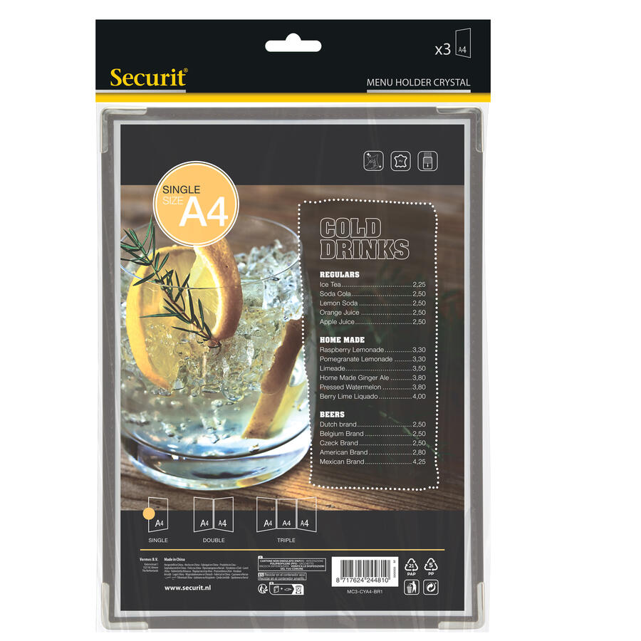 Porta Menu' A4 CRYSTAL Trasparente Rinforzato SECURIT - conf. 3 pz