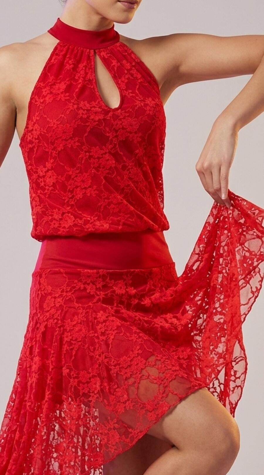 Lace and stretch jersey blouse dress with a train at the back 4-0169
