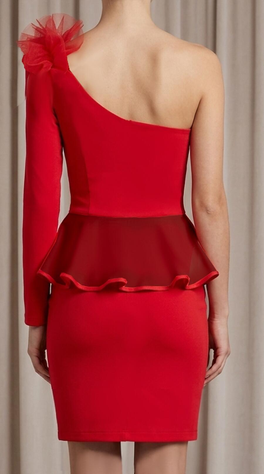 1035 Tubino rosso monospalla corto in maglina con redingotte in tulle