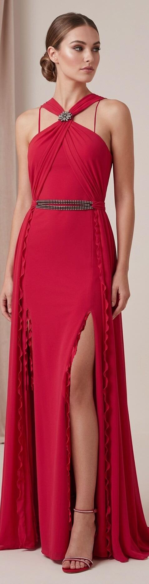 1036 Abito rosso in maglina elastica con spacchi e dettagli in tulle