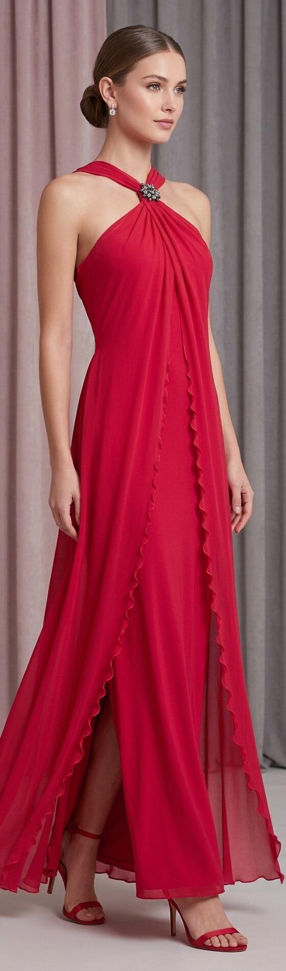1036 Abito rosso in maglina elastica con spacchi e dettagli in tulle