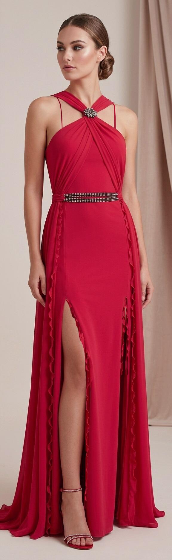 1036 Abito rosso in maglina elastica con spacchi e dettagli in tulle