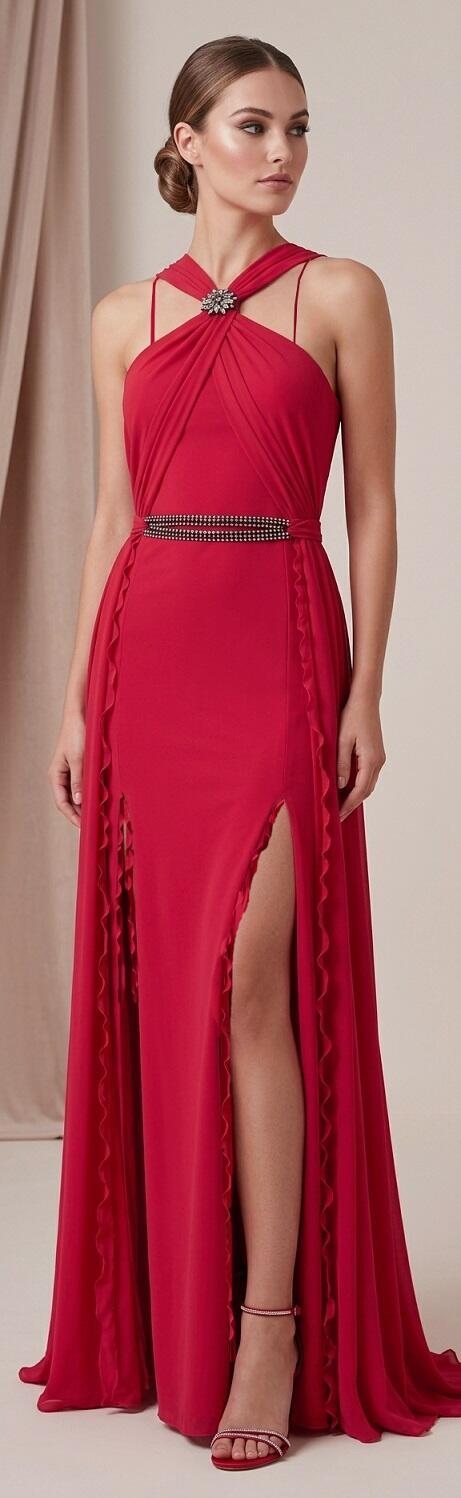1036 Abito rosso in maglina elastica con spacchi e dettagli in tulle