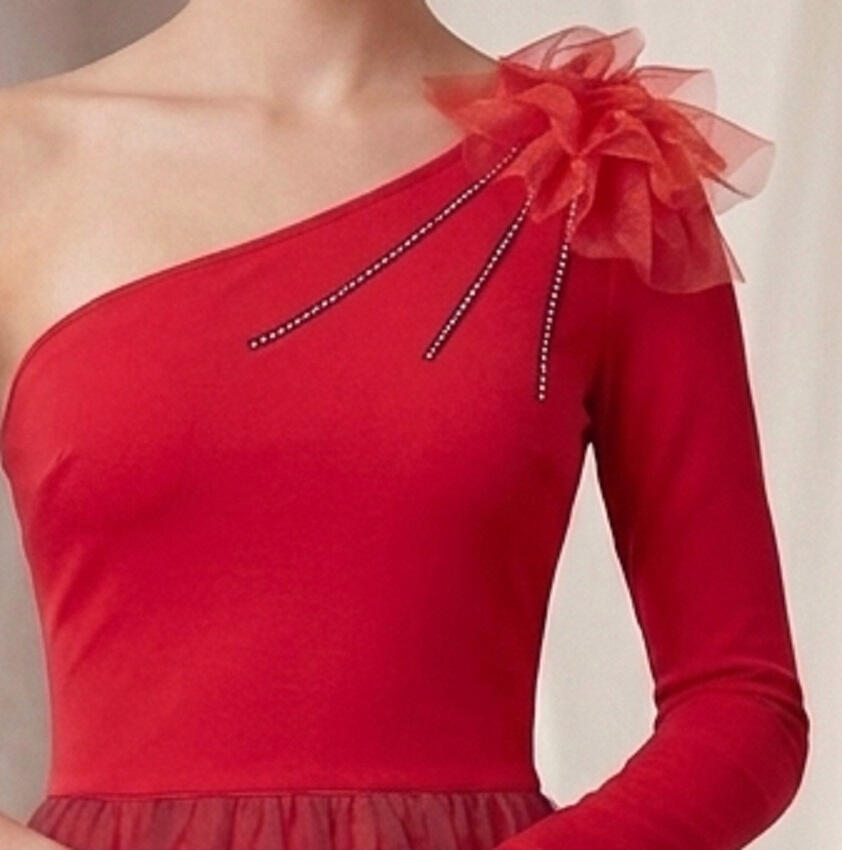 1035 Short one-shoulder red jersey dress with tulle frock