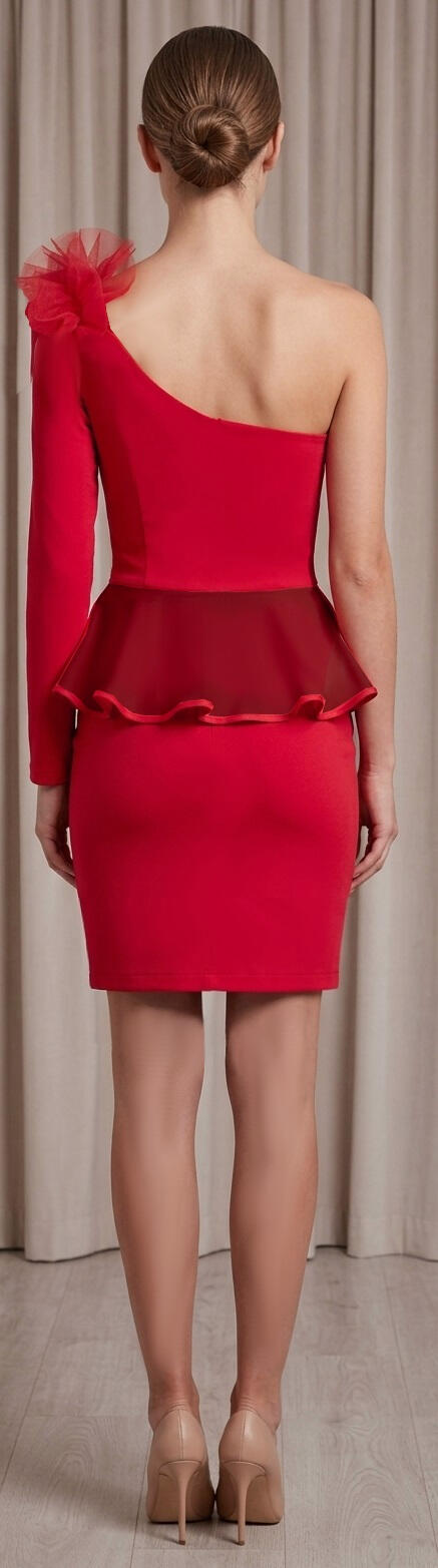 1035 Short one-shoulder red jersey dress with tulle frock