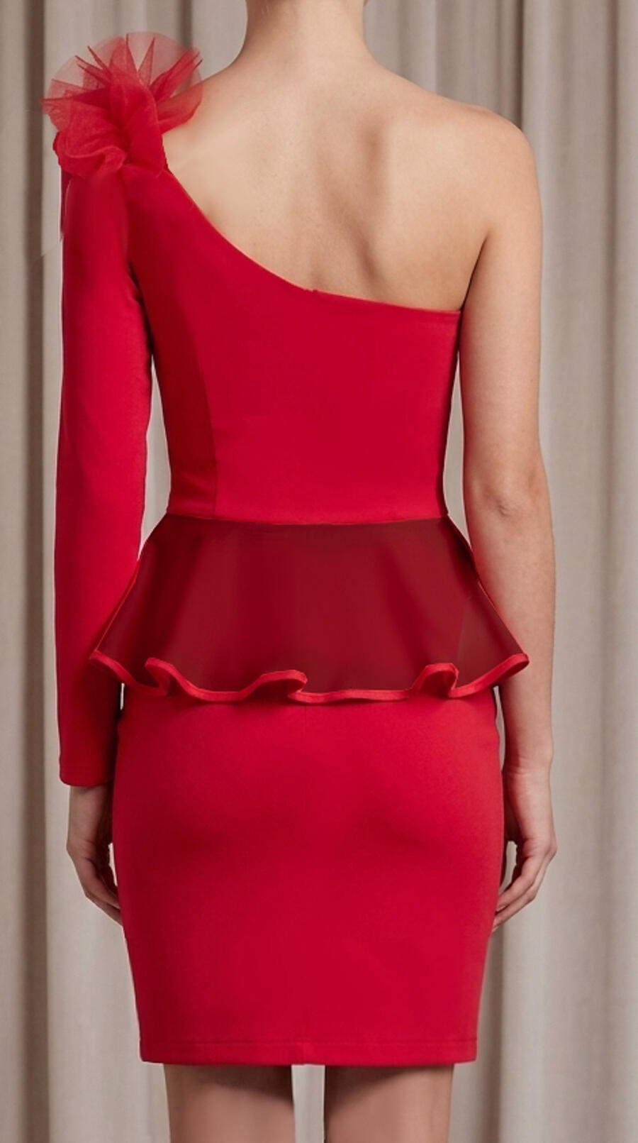 1035 Short one-shoulder red jersey dress with tulle frock