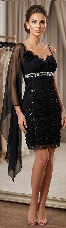 1037 Tubino con mini balzine in chiffon con una manica lunga pizzo strass e paillettes