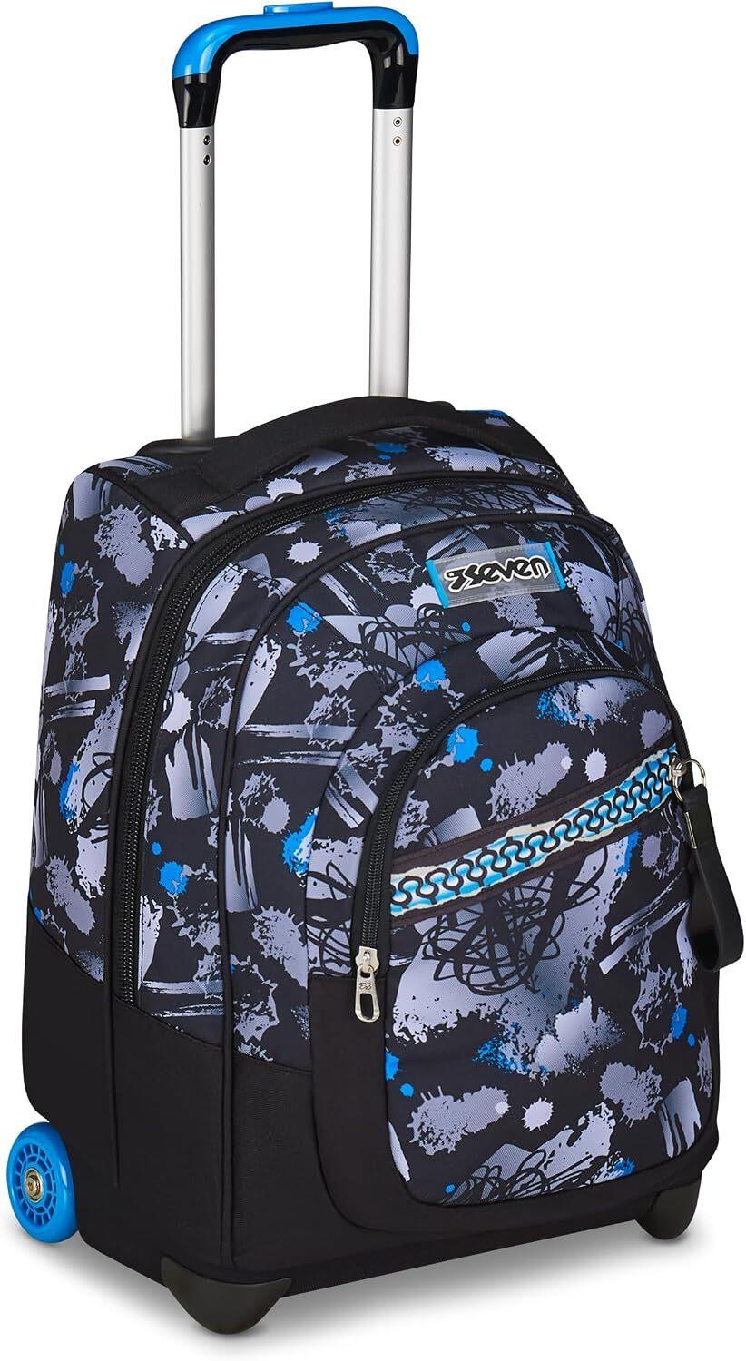 Seven Zaino Trolley, Scuola Elementare, Doppio Uso, Doppio Scomparto, Spallacci a Scomparsa, Bambino, Hue & Writes, nero/blu