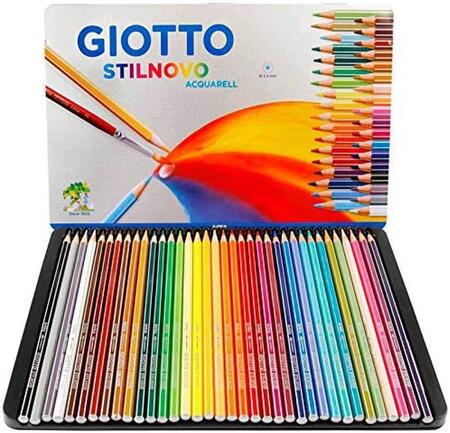 GIOTTO Stilnovo Acquarell - Scatola Di Metallo Da 36 Matite A Pastello Colorate Acquarellabili, 3.3 mm, Colori Intensi