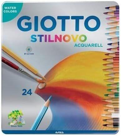 GIOTTO Stilnovo Acquarell - Scatola Di Metallo Da 24 Matite A Pastello Colorate Acquarellabili, 3.3 mm, Colori Intensi