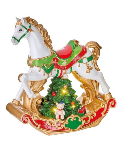 L'Oca Nera Cavallo a Dondolo Natalizio con LED — "Volo nella Fantasia", 33x19x35h cm