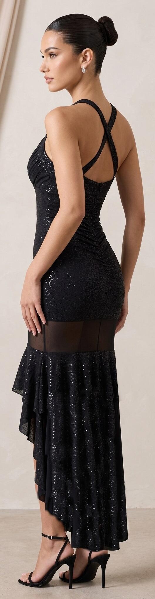 1045 Short dress with train and transparent tulle in glittery lycra