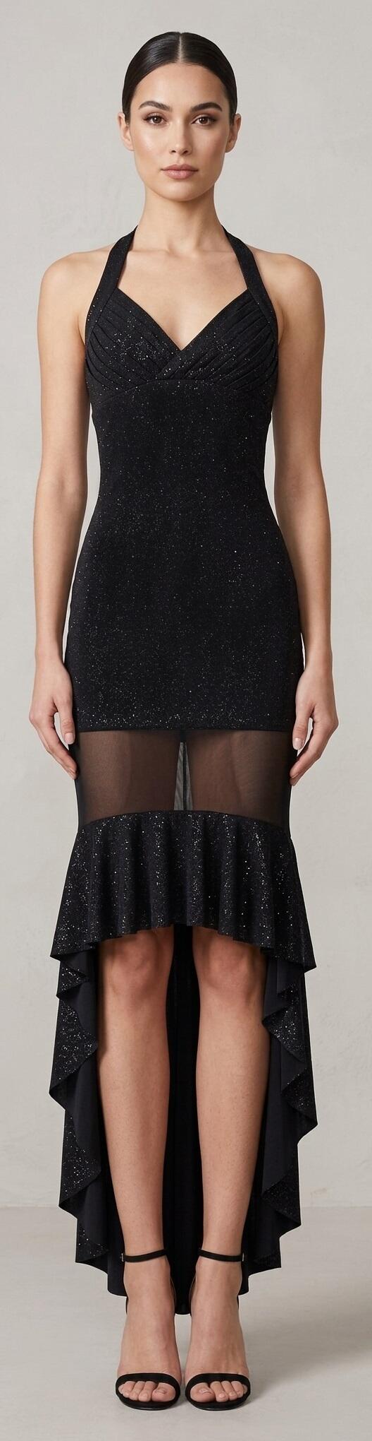 1045 Short dress with train and transparent tulle in glittery lycra