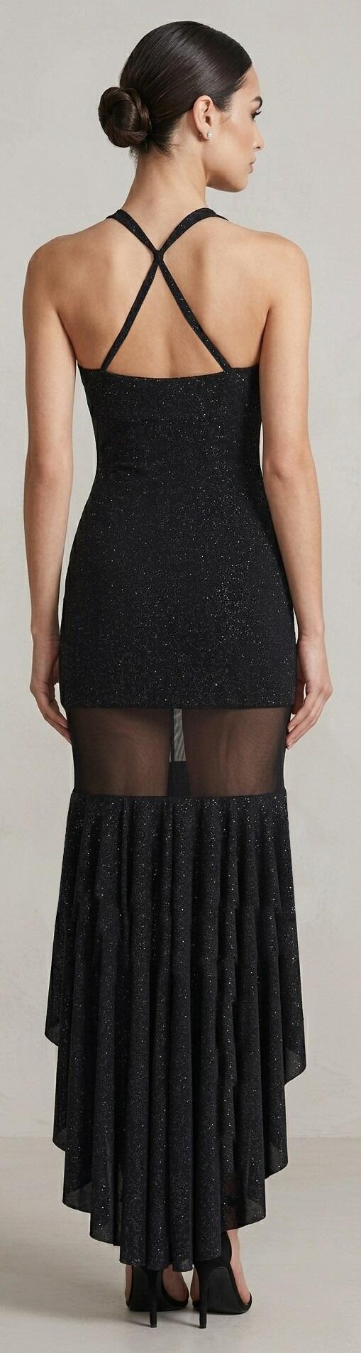 1045 Short dress with train and transparent tulle in glittery lycra