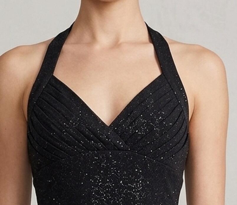 1045 Short dress with train and transparent tulle in glittery lycra