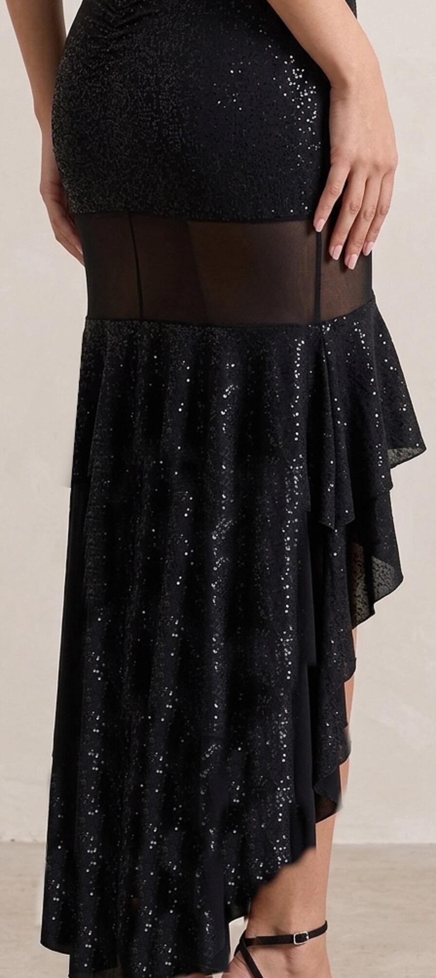 1045 Short dress with train and transparent tulle in glittery lycra