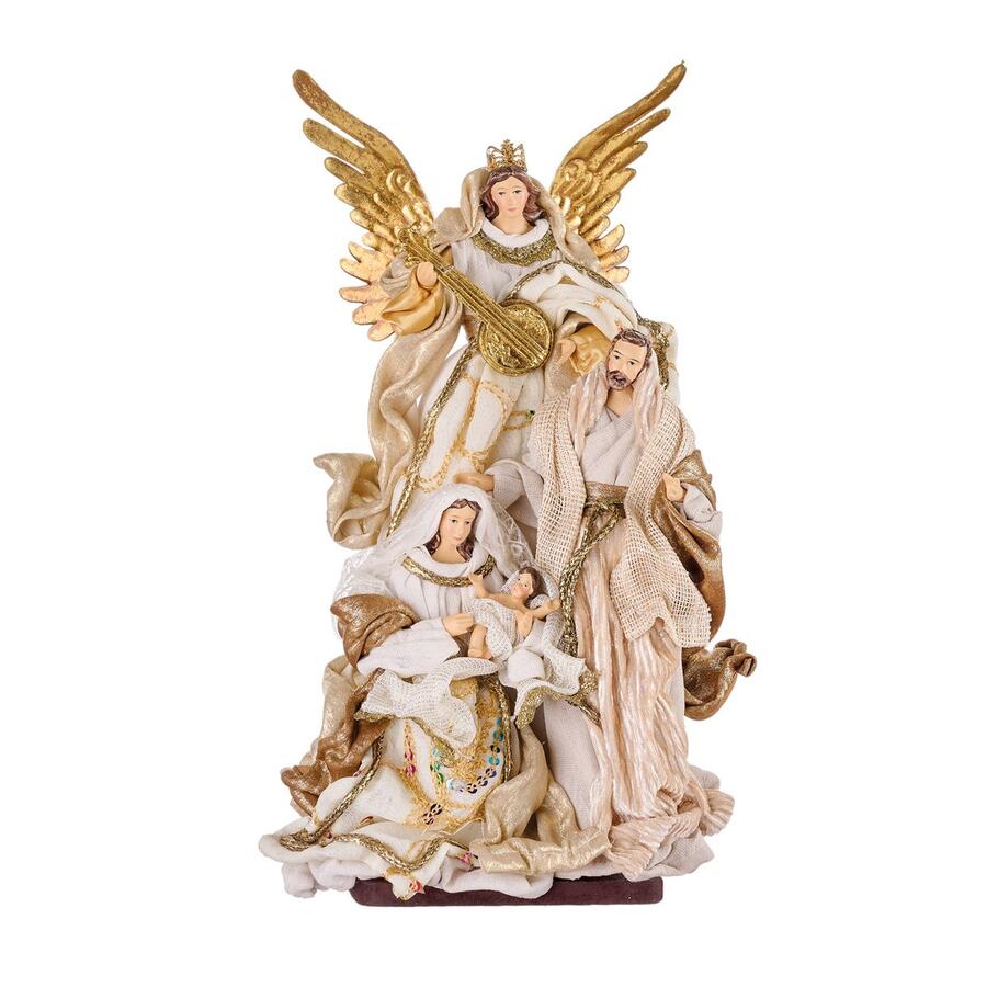 L'Oca Nera Natività con Base Canto Celeste — statua Sacra Famiglia e angelo in resina e tessuto