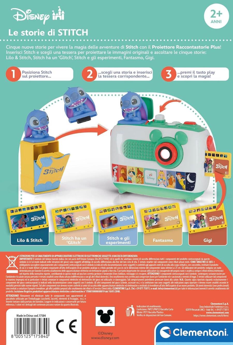 Clementoni Disney Baby Ricarica Stitch Proiettore Raccontastorie Plus, Storyteller Bambini 2+ Anni, 5 Storie Raccontate e Proiettate, Gioco Elettronico Parlante Portatile, Lingua Italiana, 17584