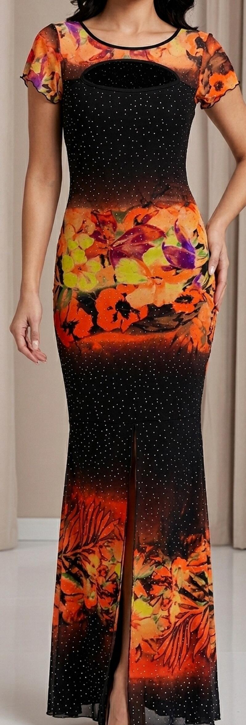 1048 Abito lungo in tulle stampato con brillantini e punti luce foderato fino a metà coscia