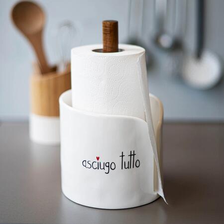 Simple Day Porta Rotolo da Cucina "Asciugo Tutto" — Gres Porcellanato e Legno, Ø15,5x26,5 cm