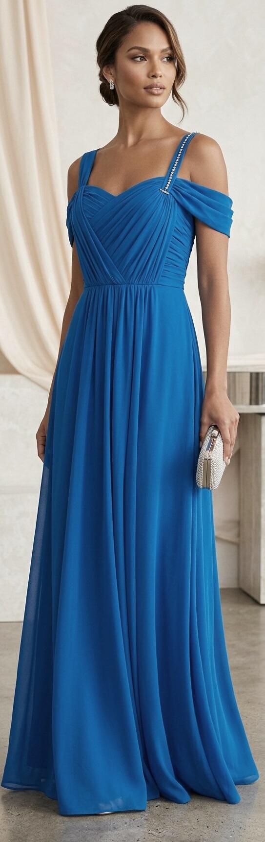 1050 Abito lungo in chiffon foderato blu cobalto con alette e dettagli in strass nella spallina