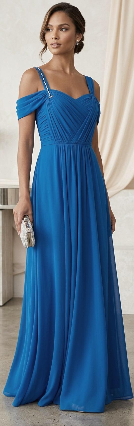 1050 Abito lungo in chiffon foderato blu cobalto con alette e dettagli in strass nella spallina