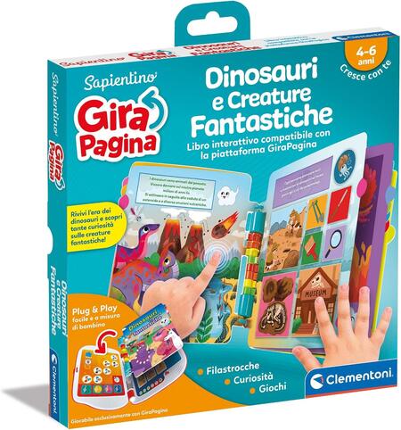 Clementoni - Sapientino Girapagina, Dinosauri e Creature Fantastiche, Libro Interattivo Bambini Compatibile con Girapagina, Libri Bambini 4 Anni, 16644