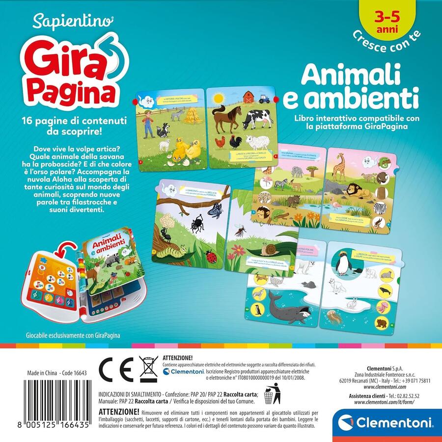 Clementoni - 16643 - Sapientino - Girapagina, Animali E Ambienti - Libro Educativo Ed Interattivo per Stimolare L'Interesse alla Lettura, per Bambini 3-5 Anni (Gioco in Italiano)