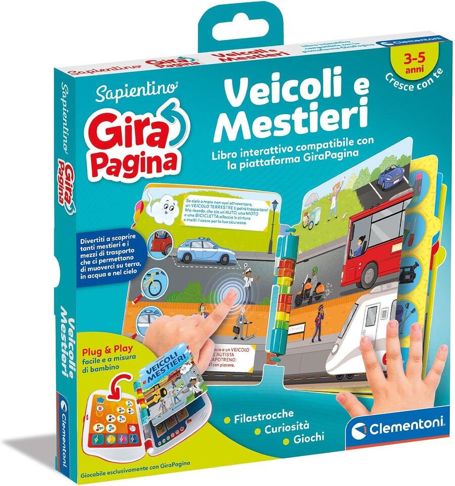 Clementoni - 16646 - Sapientino - Girapagina, Veicoli E Mestieri - Libro Educativo Ed Interattivo per Stimolare L'Interesse alla Lettura, per Bambini dai 2 Anni (Gioco in Italiano)
