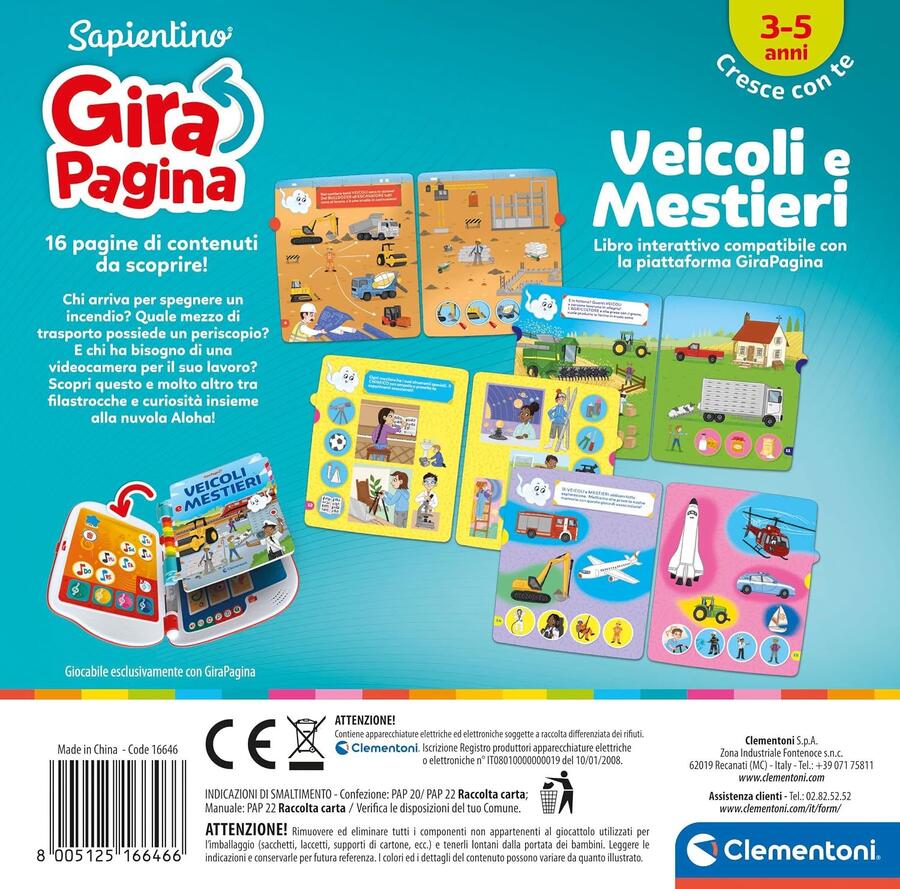 Clementoni - 16646 - Sapientino - Girapagina, Veicoli E Mestieri - Libro Educativo Ed Interattivo per Stimolare L'Interesse alla Lettura, per Bambini dai 2 Anni (Gioco in Italiano)