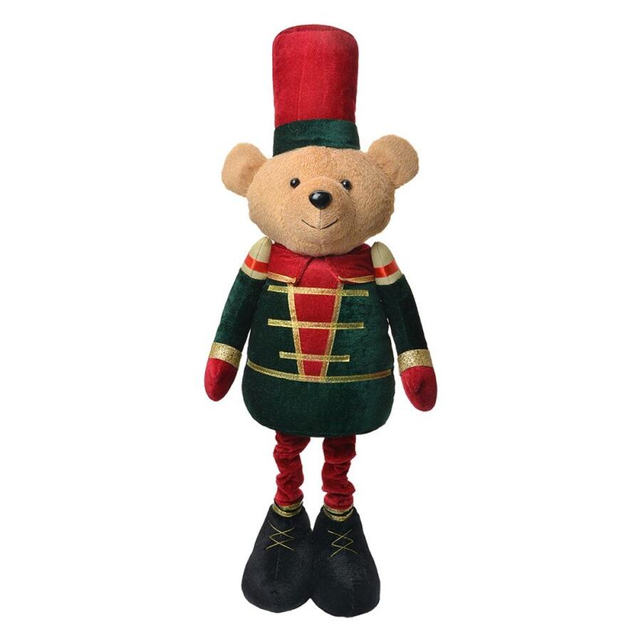 Clayre & Eef Statuina Orsetto Soldatino di Natale in Velluto, Verde e Rosso, 58 cm