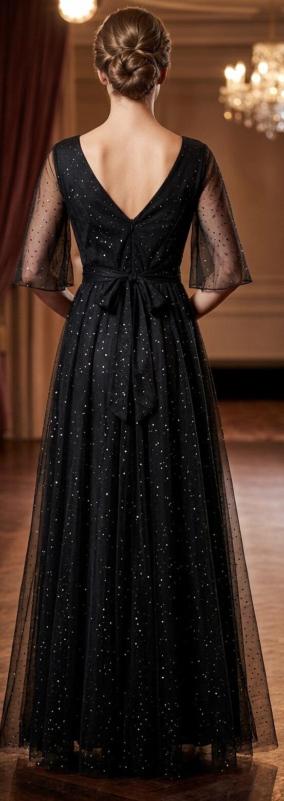 Abito simply in tulle con punti argento e manichette 4-0171