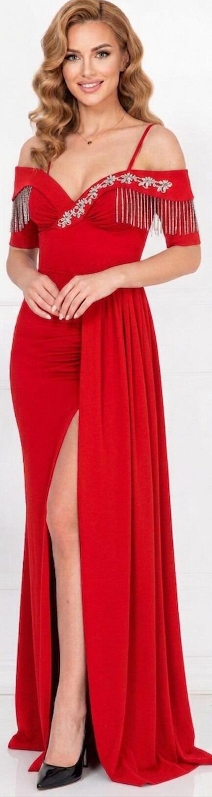 0982R Dress with slit and side panel with open sweetheart neckline
