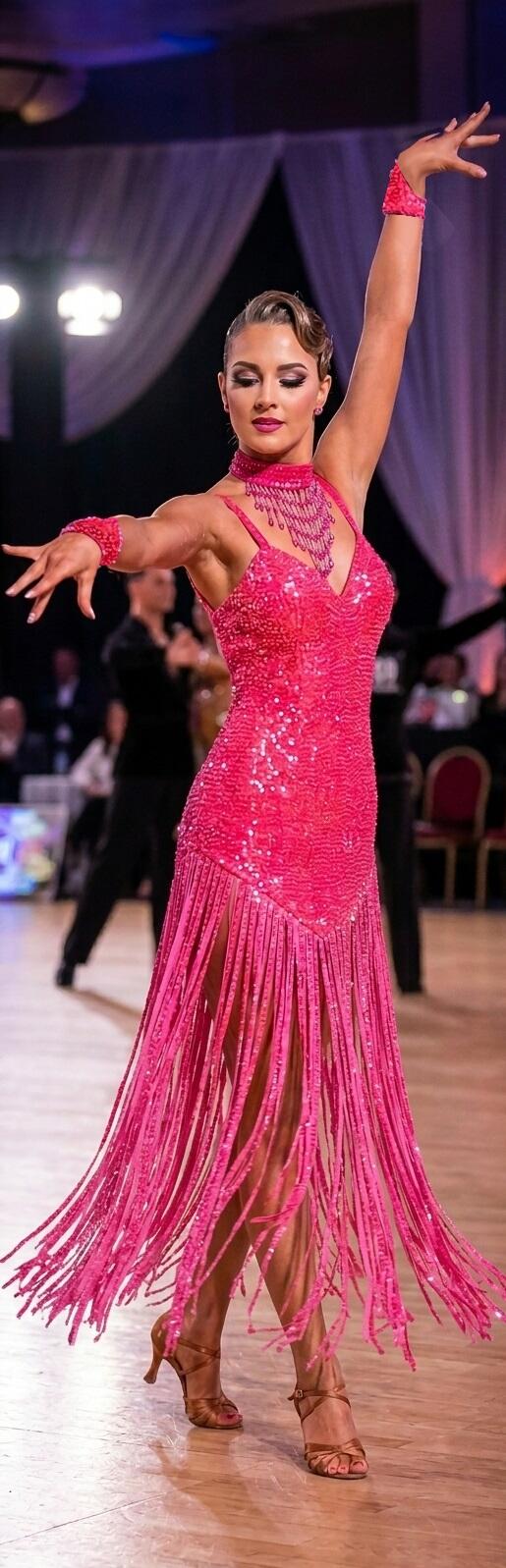 Abito in paillettes e perline cucite color corallo con frange finali 4-0172