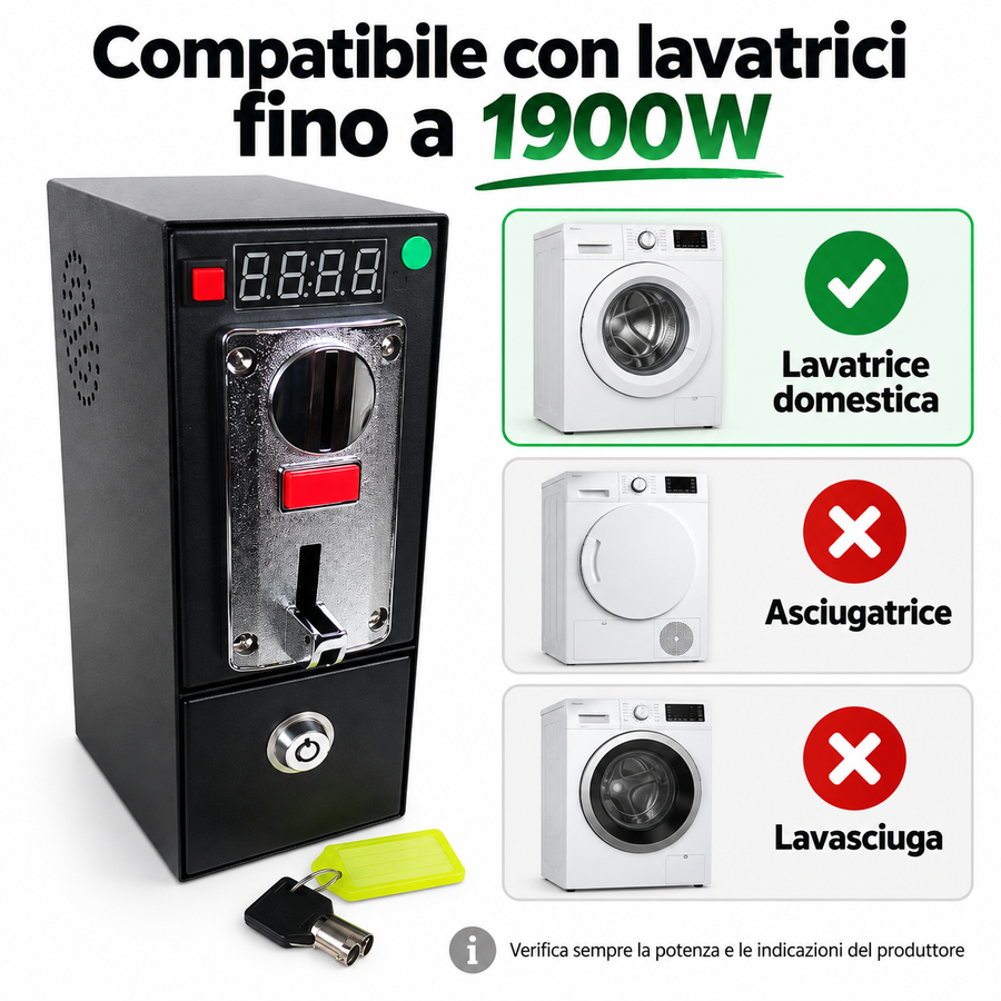 Gettoniera Elettronica per Lavatrice Domestica (Max 1900W) – Ideale per B&B e Strutture Ricettive