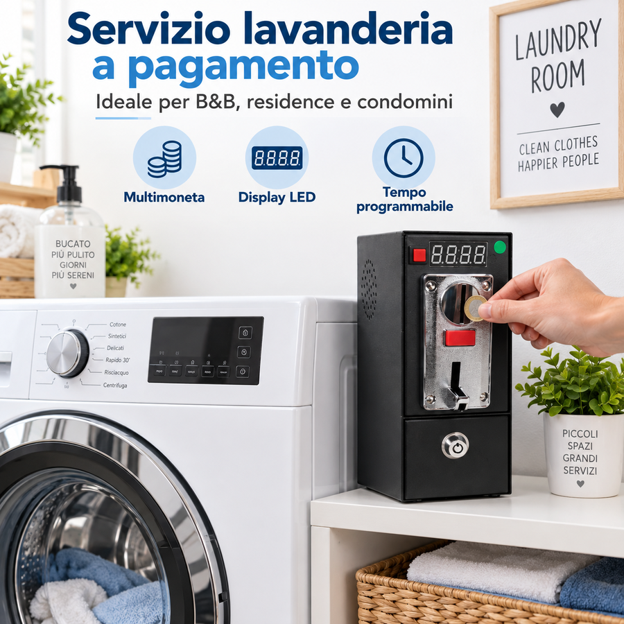 Gettoniera Elettronica per Lavatrice Domestica (Max 1900W) – Ideale per B&B e Strutture Ricettive