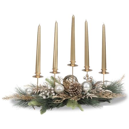 Fantin Porta Candele 5 Fiamme con Palline, Rami e Pigne Oro, 67x36xH22,5 cm