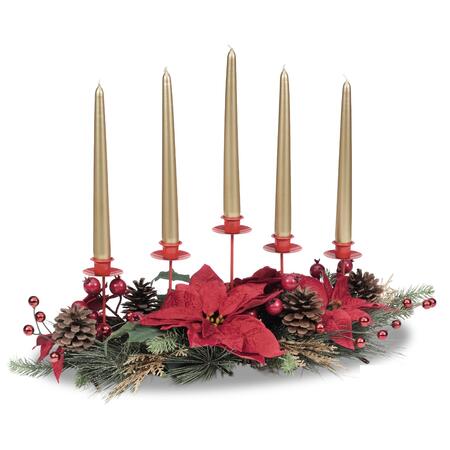 Fantin Porta Candele 5 Fiamme con Stelle di Natale Rosse e Pigne, 67x36xH22,5 cm