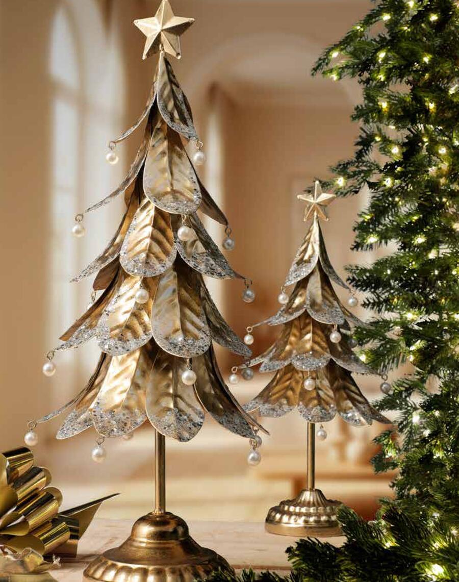 Fantin Albero di Natale Decorativo Dorato con Perle e Stella - Metallo, 2 Misure (H48 / H58 cm)