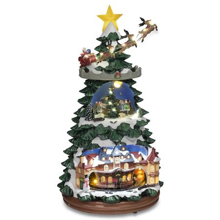 Fantin Albero Villaggio di Natale con Treno, Luci LED, Musica e Movimento - Poliresina Ø23,2 H47 cm