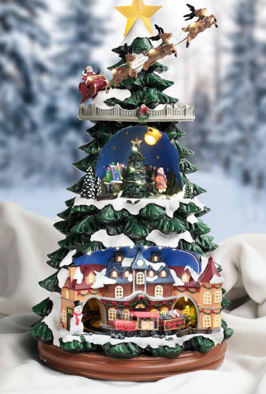 Fantin Albero Villaggio di Natale con Treno, Luci LED, Musica e Movimento - Poliresina Ø23,2 H47 cm